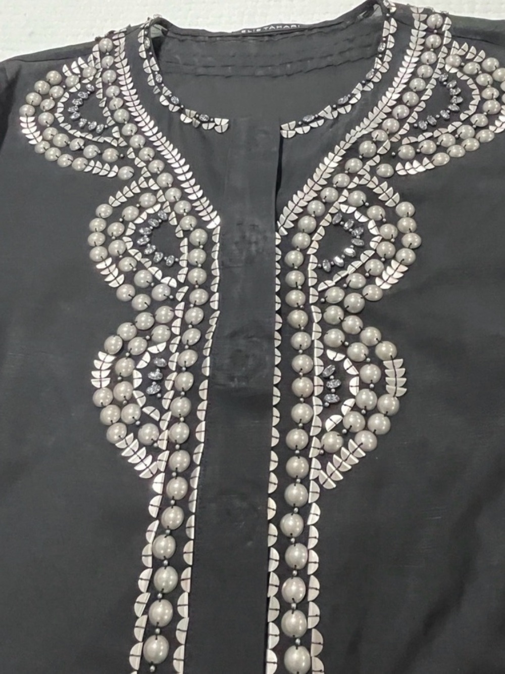 Elie Tahari Beaded Linen Blend Tunic Top Boho Resort Size M coastal grandma - Picture 4 of 13